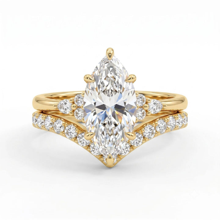 Marquise Main Stone V-shaped Paved Diamond Ring Set, Luxury Two Stackable Diamond Rings, Gold & Silver Two Tones Available