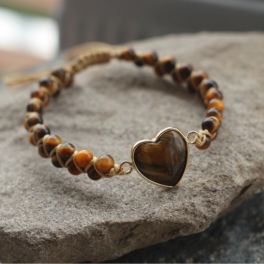 Heart Natural Stone Woven Adjustable Bracelet, Multi‑Color Boho Beaded Bracelet