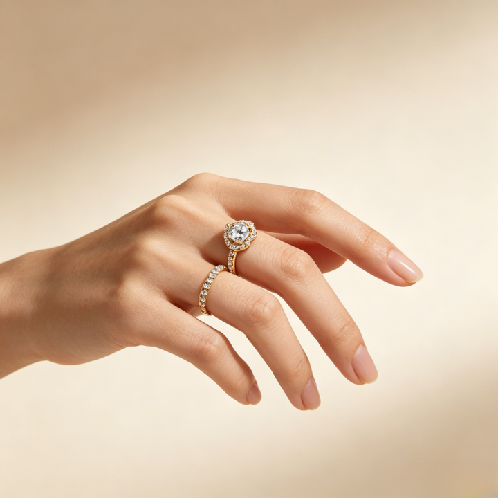 Heart-Cut Halo Half Pavé Ring (Multi-Color & Tone Options Luxury Women's Band)