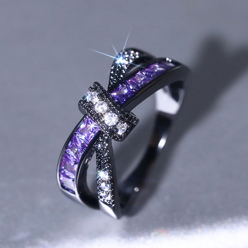 Twisted Cross Purple Crystal Black Gold Ring, Vintage Gunmetal Intertwined Ribbon Band Women Dark Luxury Jewelry