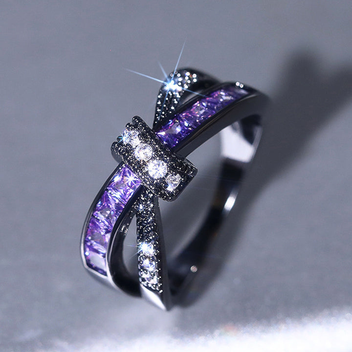 Twisted Cross Purple Crystal Black Gold Ring, Vintage Gunmetal Intertwined Ribbon Band Women Dark Luxury Jewelry