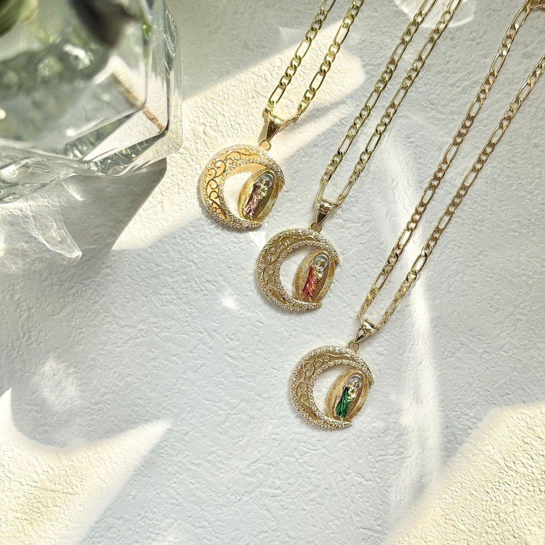 Gold Figaro Chain Necklace With Crescent‑Shaped Saint Enamel Pendant, Multi‑Color Option