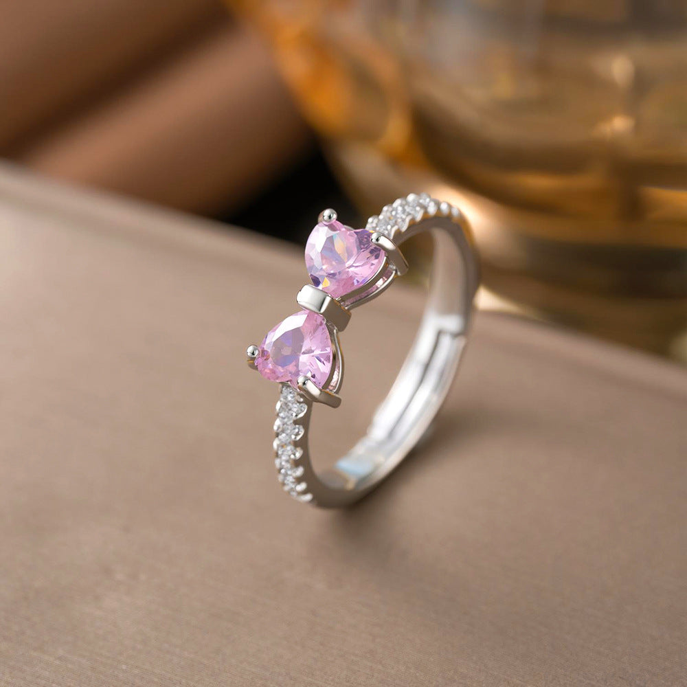 Pink Heart Diamond Bow Jewelry Set, S925 Silver Sweet Girly 3-Piece Necklace Earring Ring Kit