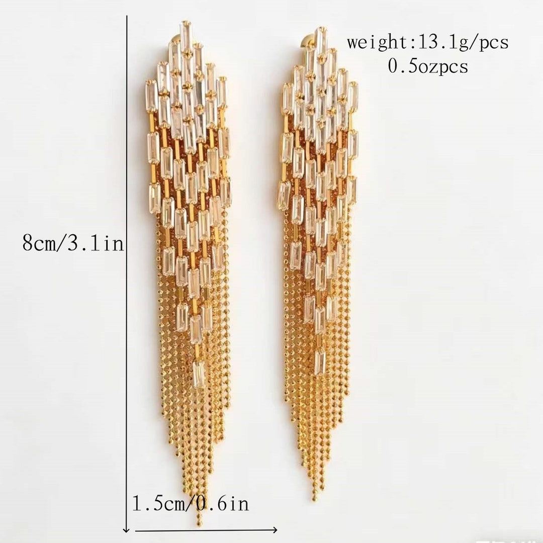 Long Baguette Diamond Tassel Earrings, Luxury Multi-layer Chain Dangle Earrings for Party