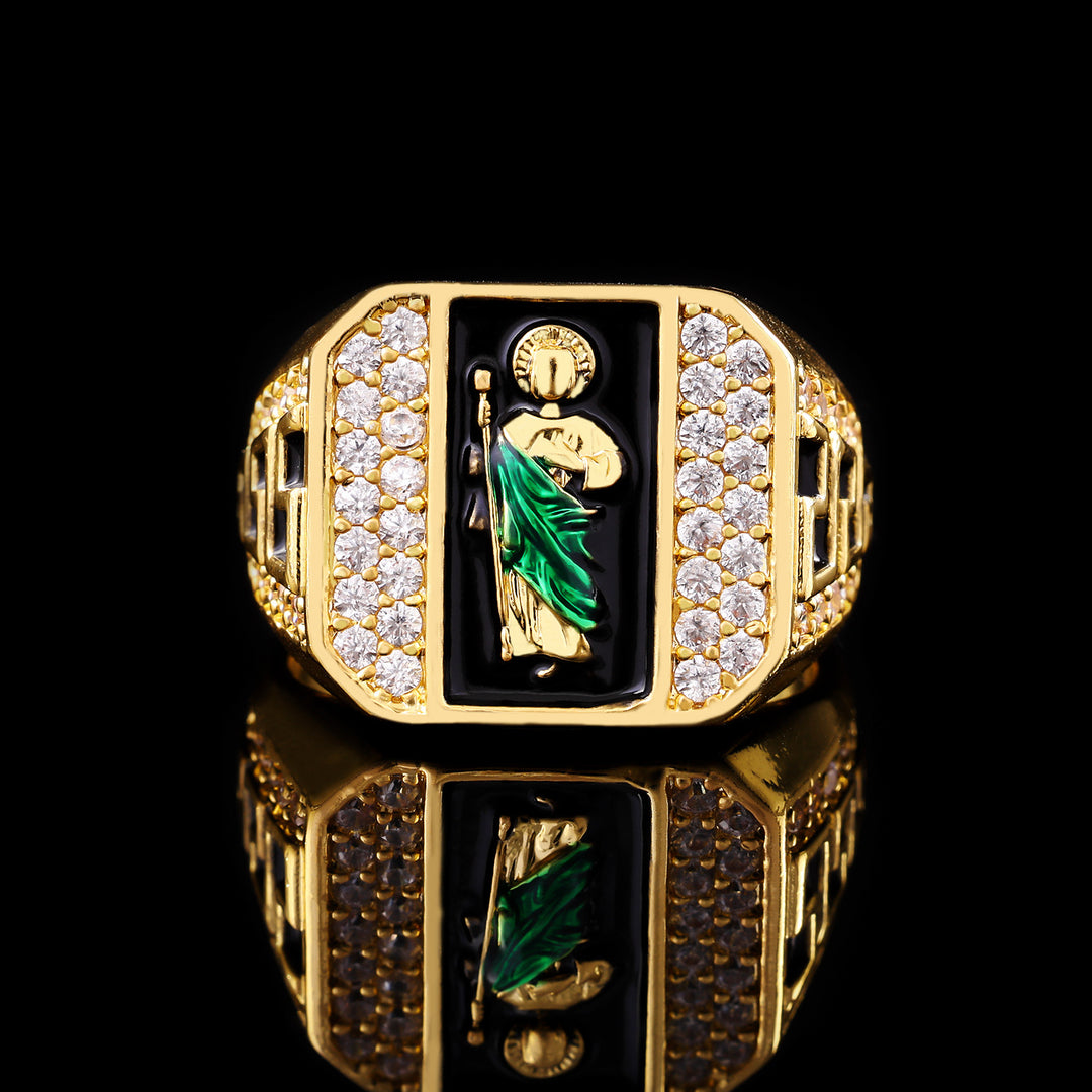 Green Robe Saint Paved Diamond Square Signet Ring, S925 Silver Gold Plated Western Religious Heavy Vintage Band For Men