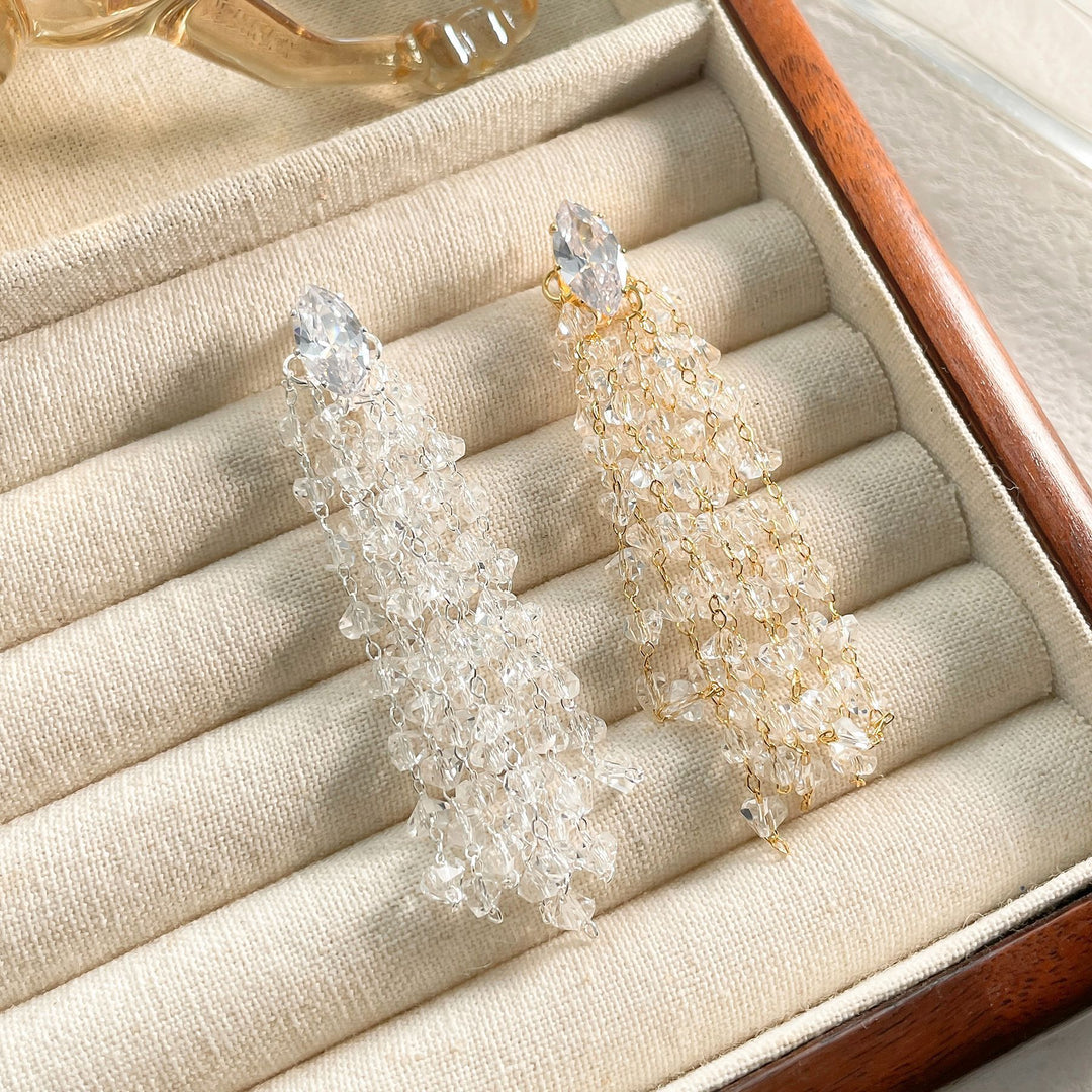 Marquise Diamond Multi-Layer Crystal Tassel Long Drop Earrings, Solid S925 Silver Gold & Silver Two-Tone Heavy Banquet Jewelry