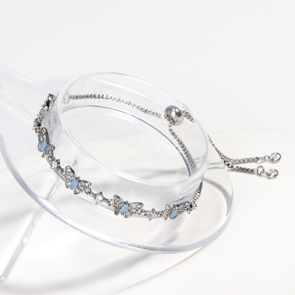Iridescent Shell Butterfly & Pave Diamond Slider Bracelet (Sweet-Cool Girlish Heart Light Luxury Style)