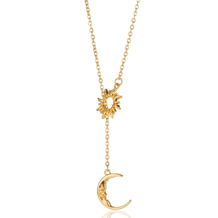 Vintage Sun & Moon Face Split Collarbone Necklace, S925 Silver Sun Crescent Face Pendant Chain, Gold & Silver Two-Tone Niche Jewelry