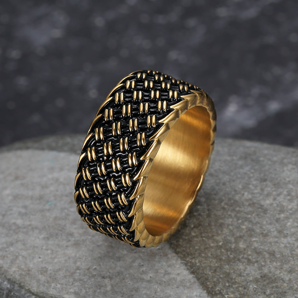 Vintage 3D Woven Texture Wide Band Ring, S925 Silver Silver & Gold Two-Tone Unisex Ring