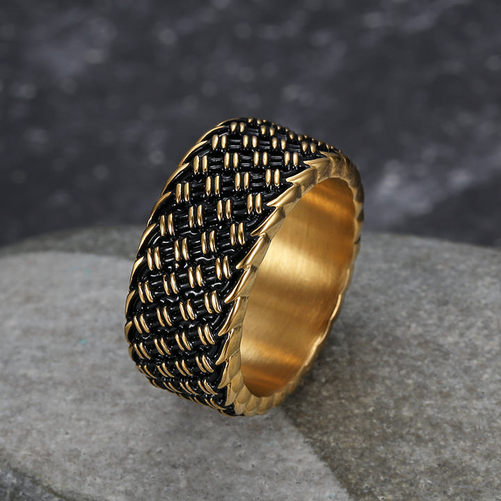 Vintage 3D Woven Texture Wide Band Ring, S925 Silver Silver & Gold Two-Tone Unisex Ring
