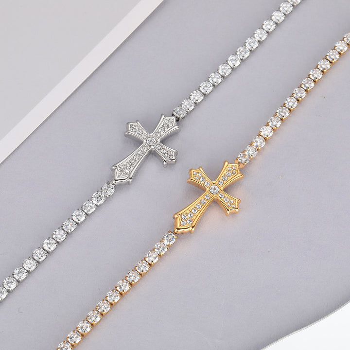 Cross Pavé Tennis Bracelet (2 Colors Delicate Statement Bangle)