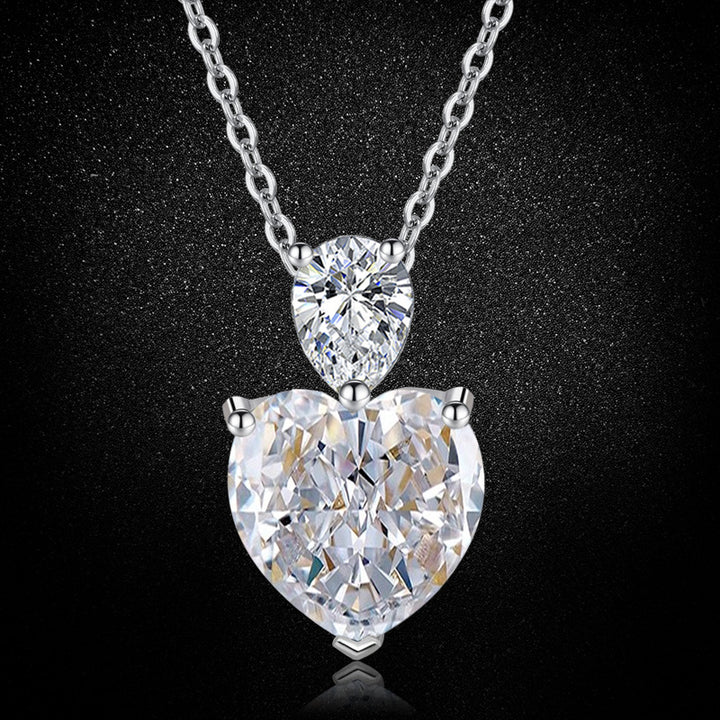 Heart & Pear Shape Double Diamond Pendant Necklace, S925 Silver Heart Diamond Women's Choker