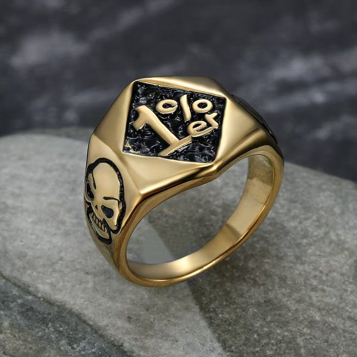 1%er Skull Vintage Biker Signet Ring, S925 Silver 14K Gold Plated Two-Tone Tough Men Wide Band