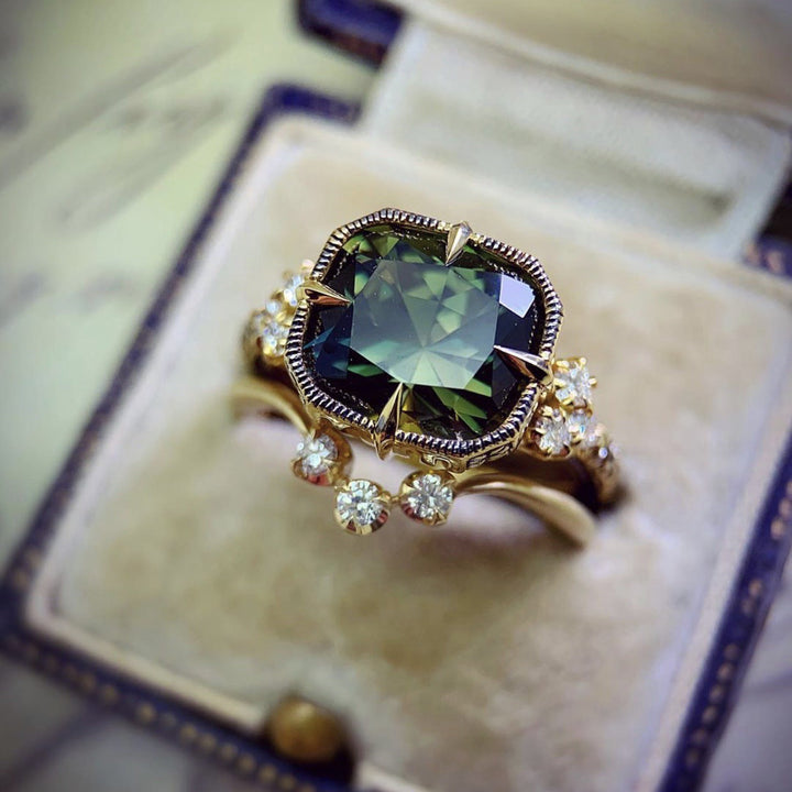 Square Green Center Stone Vintage Paved Diamond S925 Silver Gold‑Tone Ring