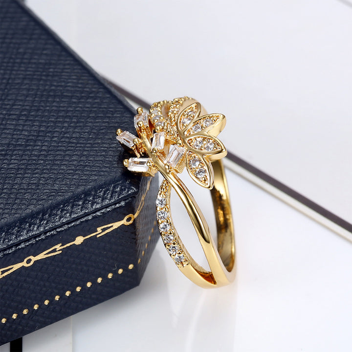 Gold Floral Branch Diamond S925 Silver Ring