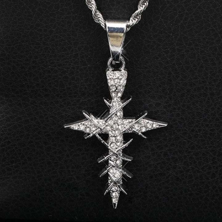 S925 Silver Paved Star Cross Pendant Necklace, 2 Colors Rope Chain Unisex Necklace