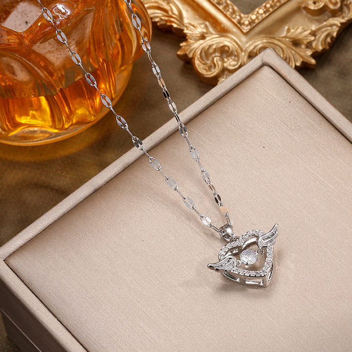 Angel Wing Heart S925 Silver Necklace, Gold Silver Rose Gold Three-Tone Hollow Heart Pendant Choker, Romantic Diamond Ladies Necklace