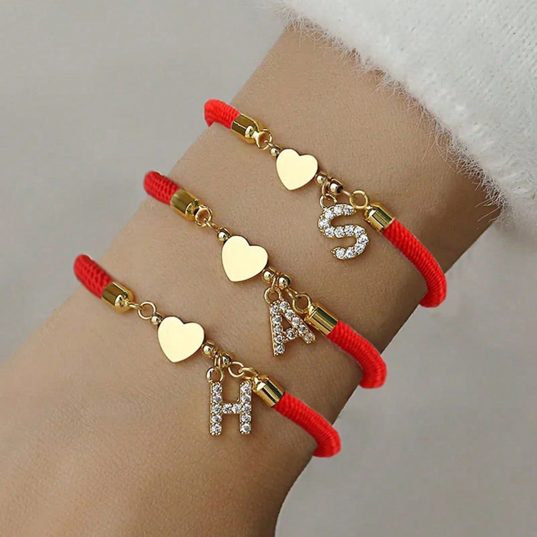 Rhinestone Letter & Heart Adjustable Rope Bracelet, Custom 26 Alphabet Couple Braided Wristband, 3 Colors Available