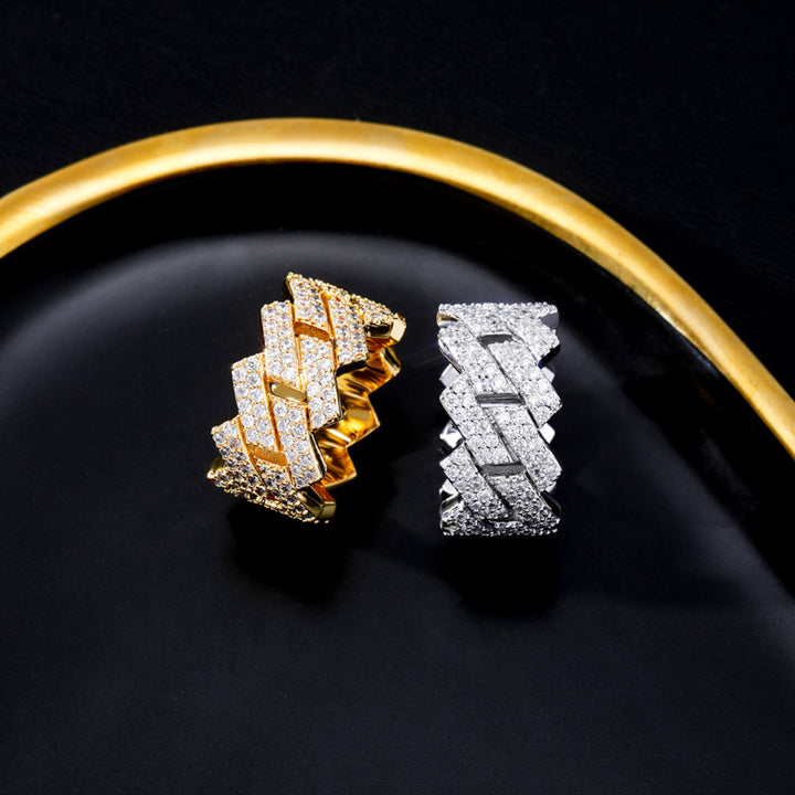 Full Pave Cuban Link Wide Band Ring, Solid S925 Silver Gold & Silver Two-Tone Hip Hop Heavy Chain Statement Ring