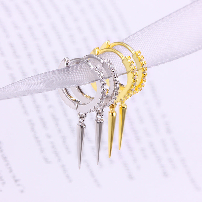 S925 Silver Pave Crystal Hoop Spike Dangle Huggie Earrings, Edgy Long Rivet‑Style Drop Earrings, Gold / Silver Two‑Tone