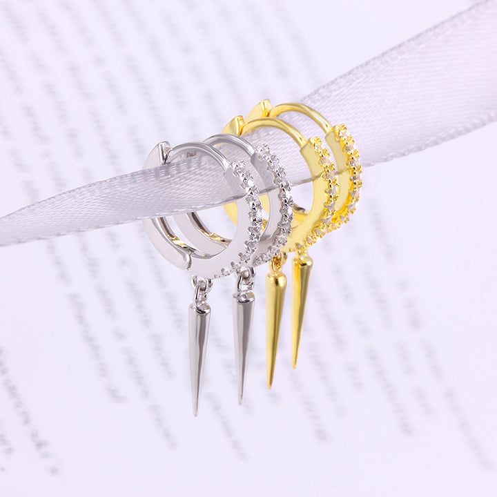 S925 Silver Pave Crystal Hoop Spike Dangle Huggie Earrings, Edgy Long Rivet‑Style Drop Earrings, Gold / Silver Two‑Tone