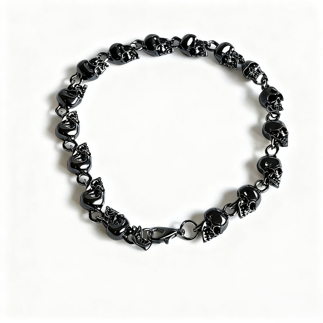 S925 Silver Clasp Vintage Skull Linked Bracelet, Gothic Dark Style Unisex Wrist Jewelry, Silver / Black Gun Two Tones