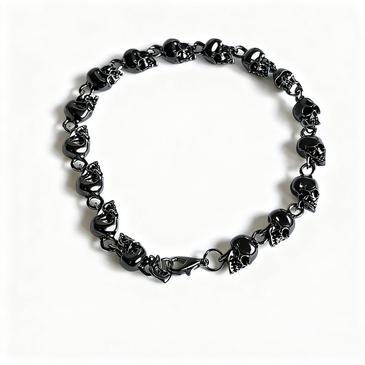 S925 Silver Clasp Vintage Skull Linked Bracelet, Gothic Dark Style Unisex Wrist Jewelry, Silver / Black Gun Two Tones