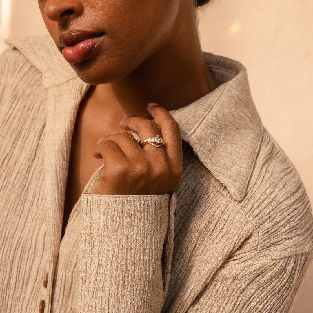 Marquise & Baguette V Shape 2Pcs Ring Set, S925 Silver Dainty Stacking Bands For Women