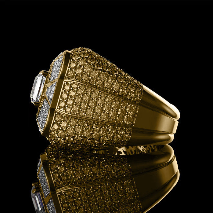 Geometric Mosaic Pave Diamond Square Center Stone Men’s Gold Ring, Solid S925 Silver Gold-Plated Heavy Wide Statement Band for Men
