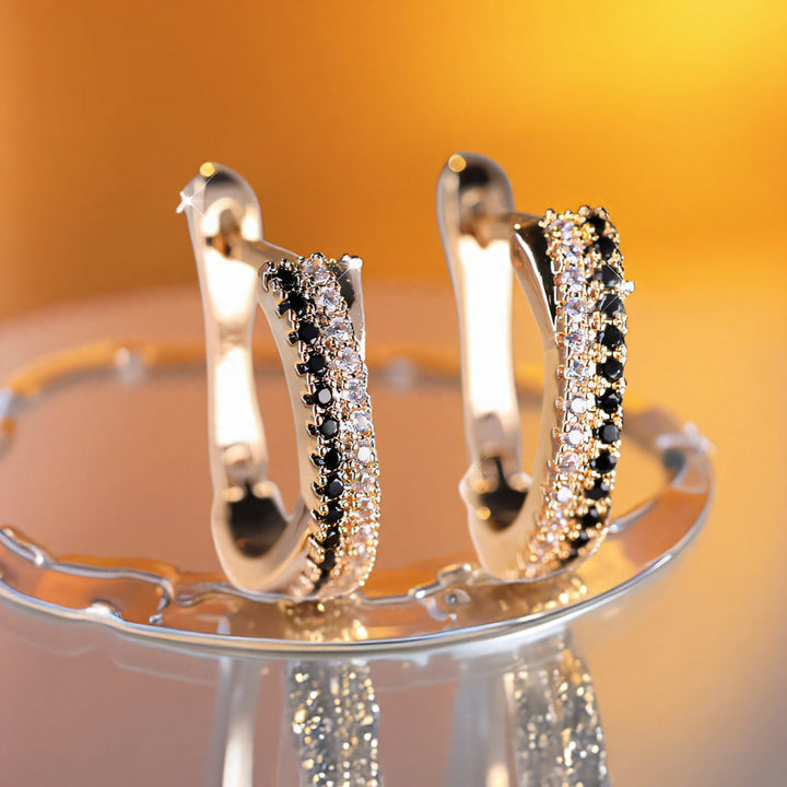 Black‑White Contrast Double‑Row Diamond Huggie Earrings, 3‑Color Options