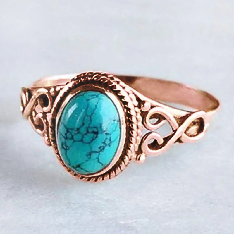 Vintage Turquoise Vines Carved Ring, 3-Tone Ethnic Oval Natural Stone Bohemian Ring for Women