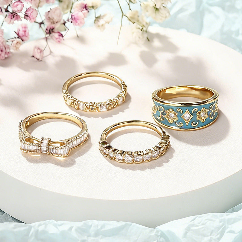 French Enamel Floral Pave Diamond 4-Piece Stackable Ring Set, Solid S925 Silver Gold Tone Vintage Palace Band Set