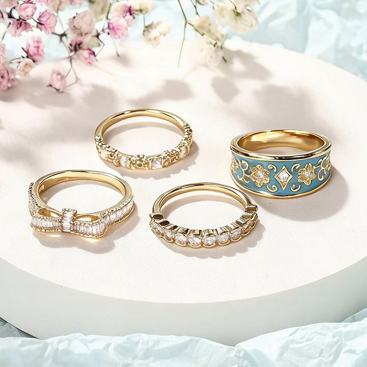 French Enamel Floral Pave Diamond 4-Piece Stackable Ring Set, Solid S925 Silver Gold Tone Vintage Palace Band Set