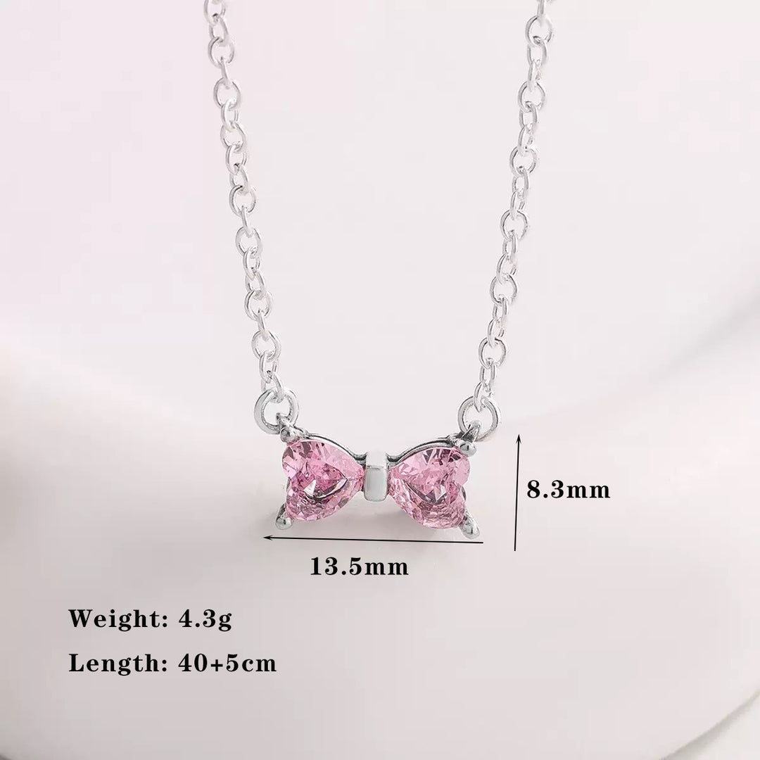 Pink Heart Diamond Bow Jewelry Set, S925 Silver Sweet Girly 3-Piece Necklace Earring Ring Kit