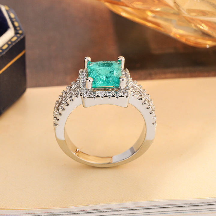 Square Green Gemstone Halo Diamond S925 Silver Ring