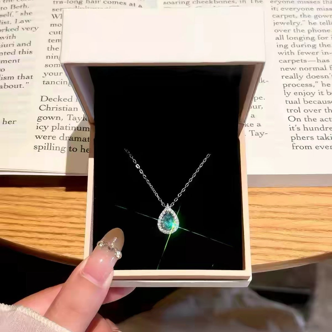 Pear-Shaped Halo Gemstone Pendant Necklace (3 Colors Luxury Women's Chain)