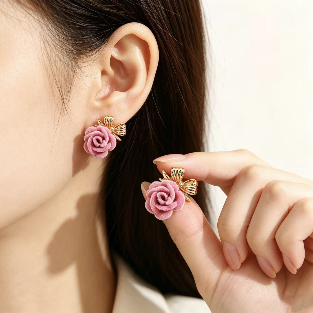 Flocking Rose Pearl Hook Earrings, Gentle Red & Pink Rose Diamond Long Dangle Earrings, Two Colors Available