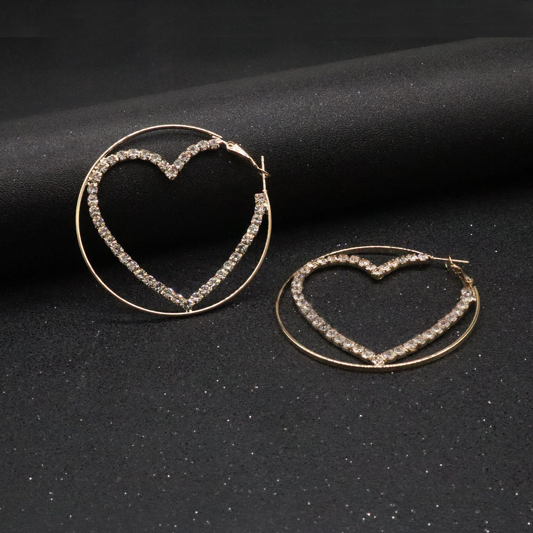 Double Layer Heart Rhinestone Hoop Earrings, Hollow Heart Diamond Circle Earrings, Gold & Silver Sweet Cool Earrings