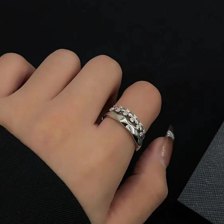 Faceted Surface Diamond‑Inlaid Couple Rings, Adjustable Open Band