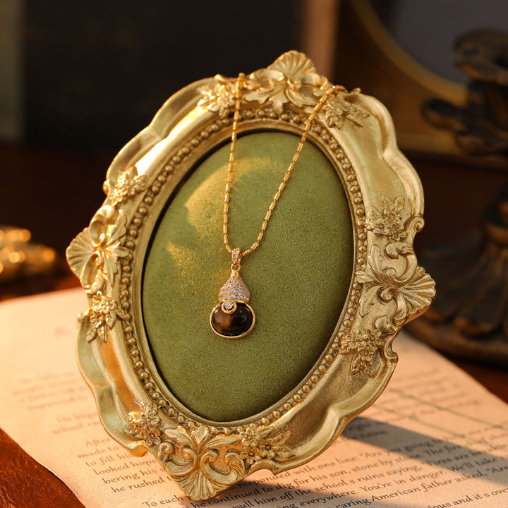 S925 Silver Gourd Gemstone Necklace, Luxury Full Diamond Fu Lu Pendant Turquoise & Tiger Eye Gold Clavicle Chain
