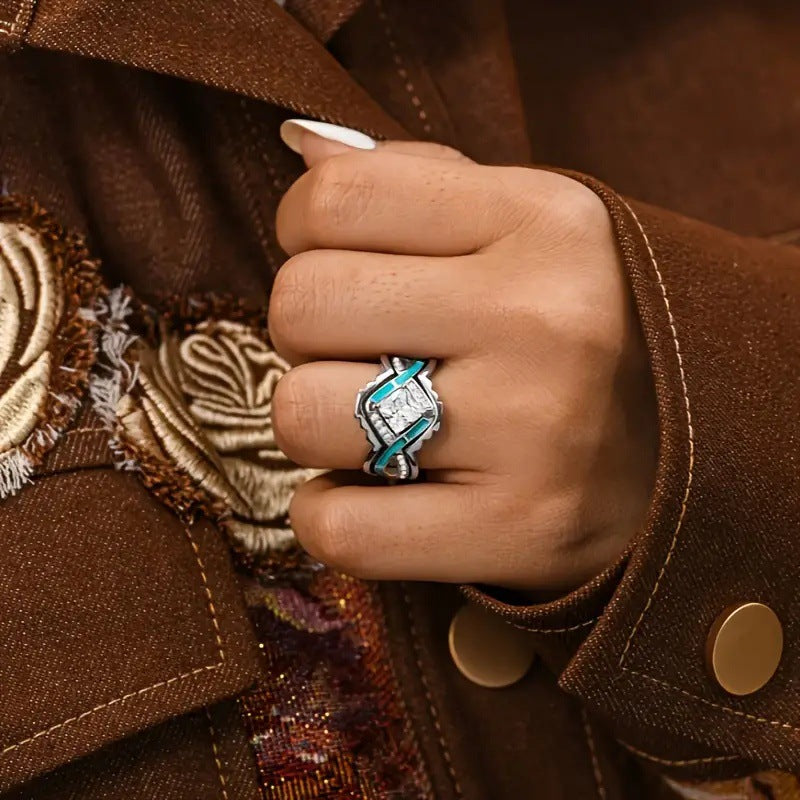 Native American Style Turquoise Inlay Diamond Stackable Ring Set, Square Gem Luxury Engagement Stacking Band