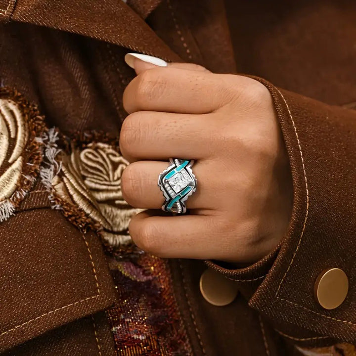Native American Style Turquoise Inlay Diamond Stackable Ring Set, Square Gem Luxury Engagement Stacking Band