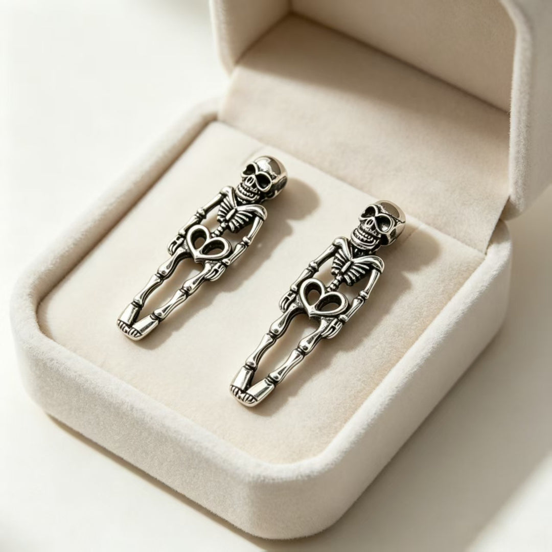 Vintage Antiqued Skeleton Stud Earrings With Heart, Gothic Long S925 Silver Unique Earrings