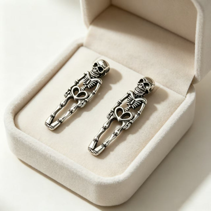 Vintage Antiqued Skeleton Stud Earrings With Heart, Gothic Long S925 Silver Unique Earrings