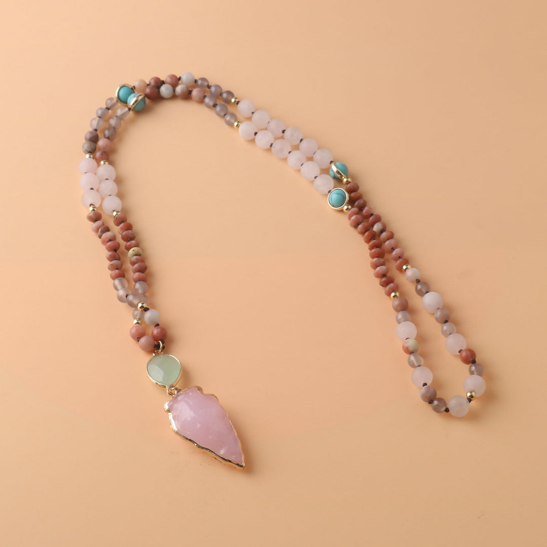 Gentle Style Pink Crystal Leaf Multi-Stone Long Beaded Necklace, Natural Frosted Jade Turquoise Vintage Versatile Sweater Chain