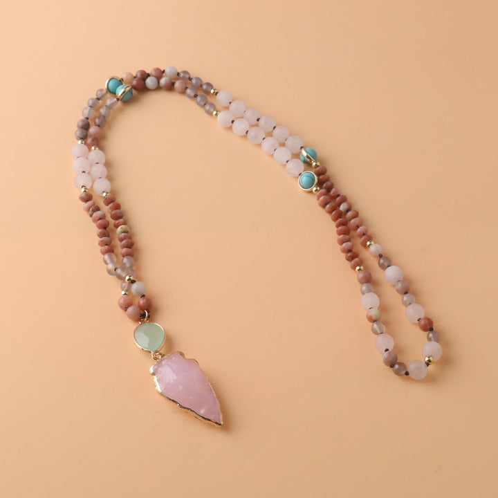Gentle Style Pink Crystal Leaf Multi-Stone Long Beaded Necklace, Natural Frosted Jade Turquoise Vintage Versatile Sweater Chain