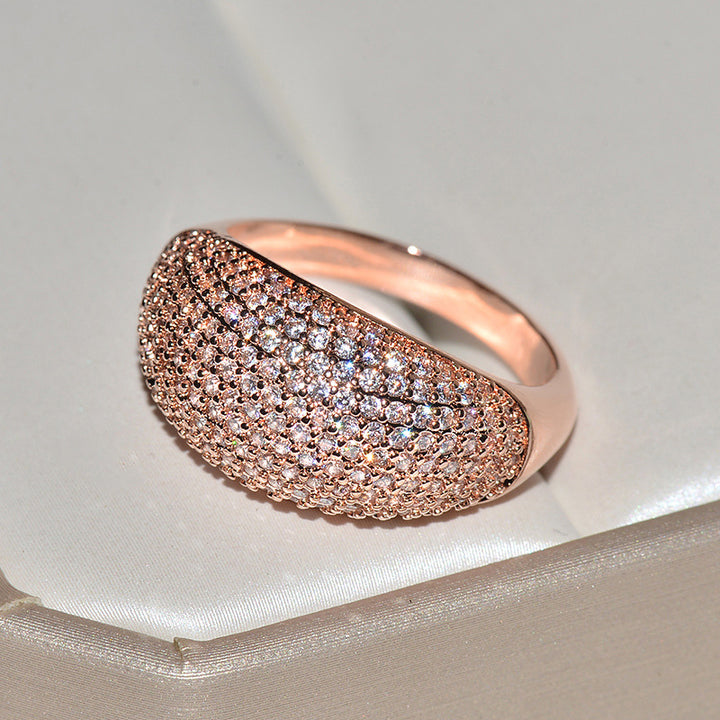 Pavé Set Curved Wide Band Ring, Gold Silver Rose Gold Luxury Paved Diamond Statement Ring for Women