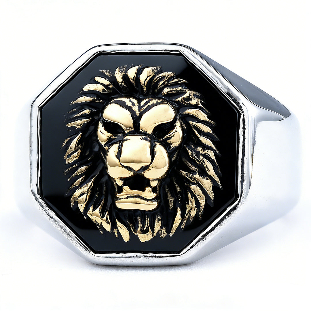 3D Lion Head Embossed Octagon Signet Ring, S925 Silver Full Gold / Silver / Silver-Gold Contrast Bold Men’s Band