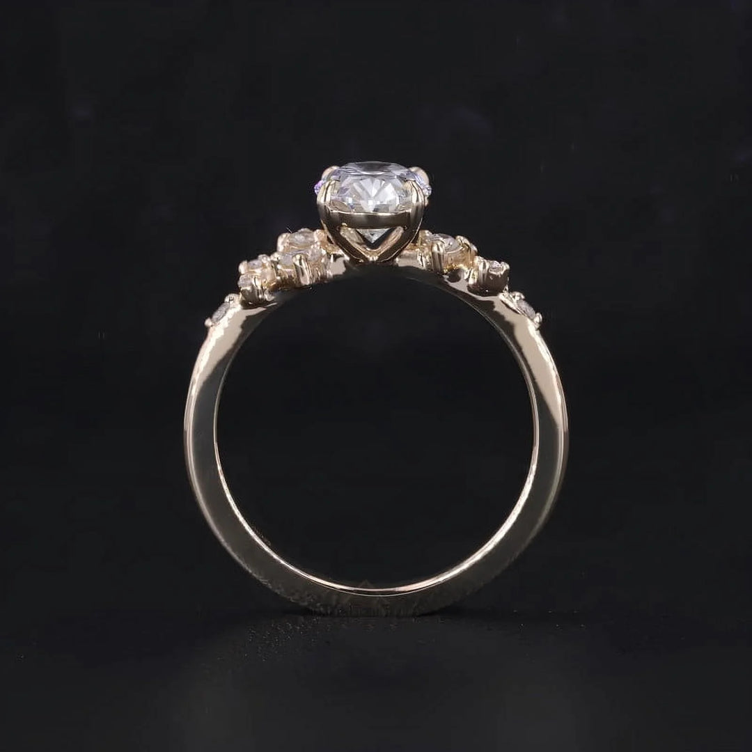 Unique SnowDrift Oval Moissanite Engagement Ring for Women, 18K Gold