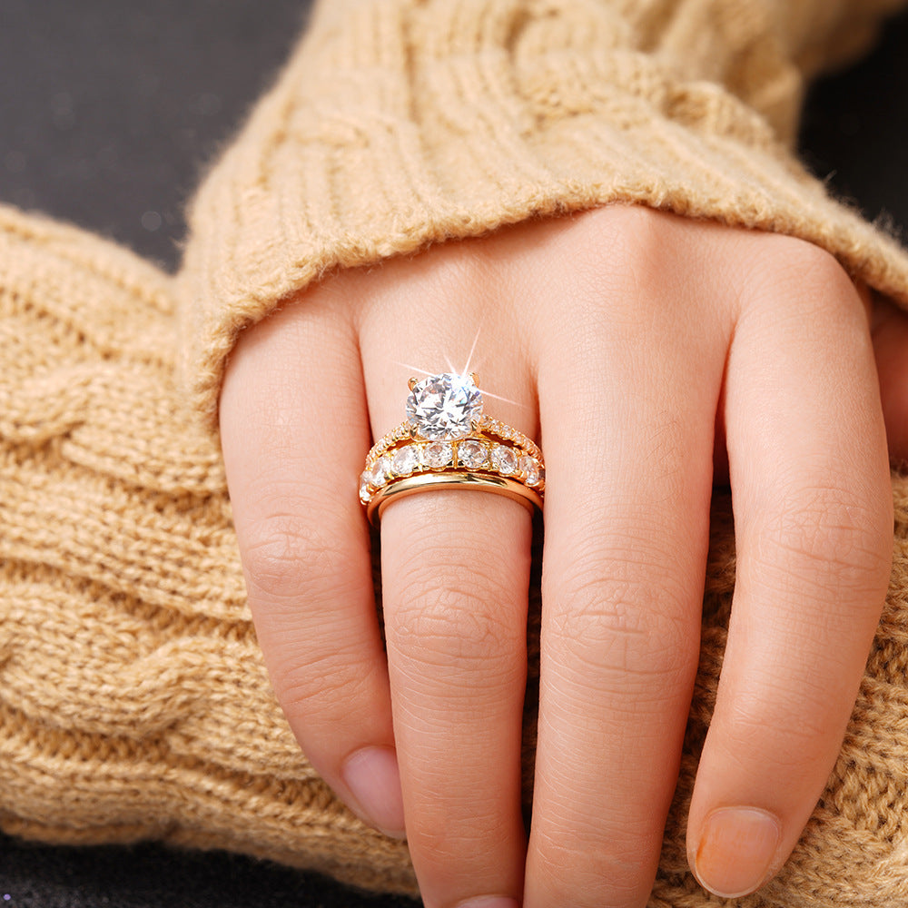 Gold Center Diamond Full Pave Triple Layer Stackable Ring (Luxury Glamorous Ritual Style)